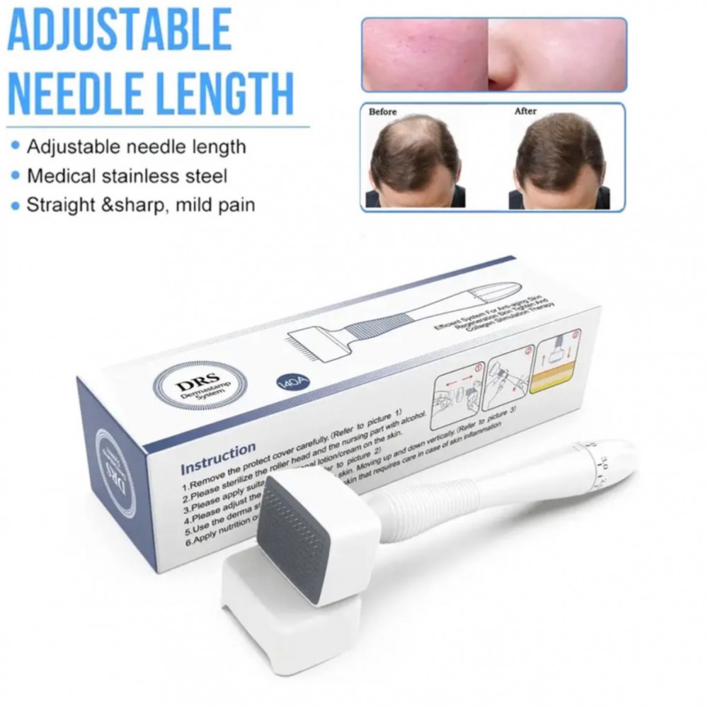 DRS Derma Roller with 140 micro-needles for skin regeneration, acne scar treatment, wrinkle reduction, and better skincare absorption.